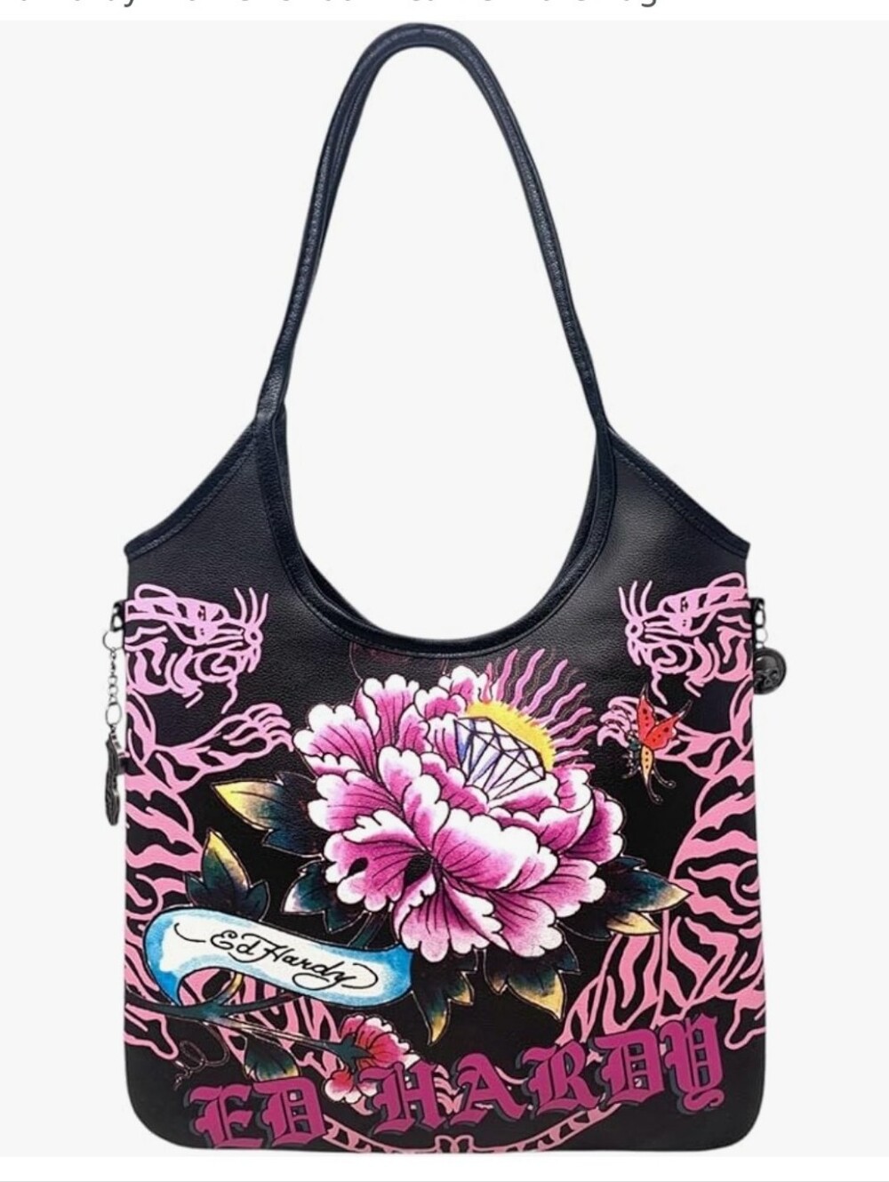 Ed Hardy Black & Pink Floral Graphic Shoulder Bag